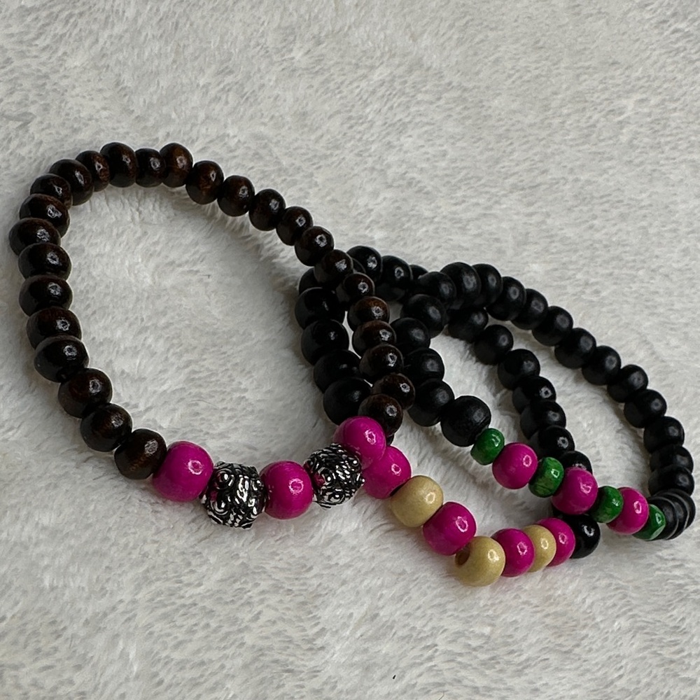 3 Bracelet Set Colorful Beaded Wooden Metal Brown Black Pink Green Tan NWT